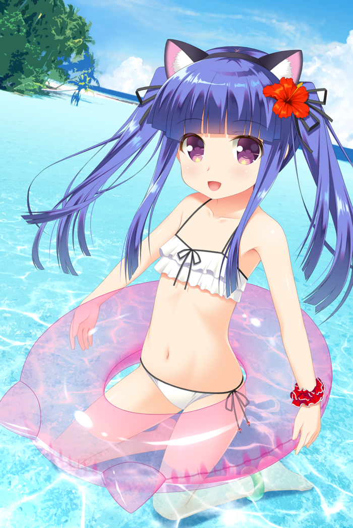 1girl, :d, animal_ears, bangs, bare_arms, bare_legs, bare_shoulders, barefoot