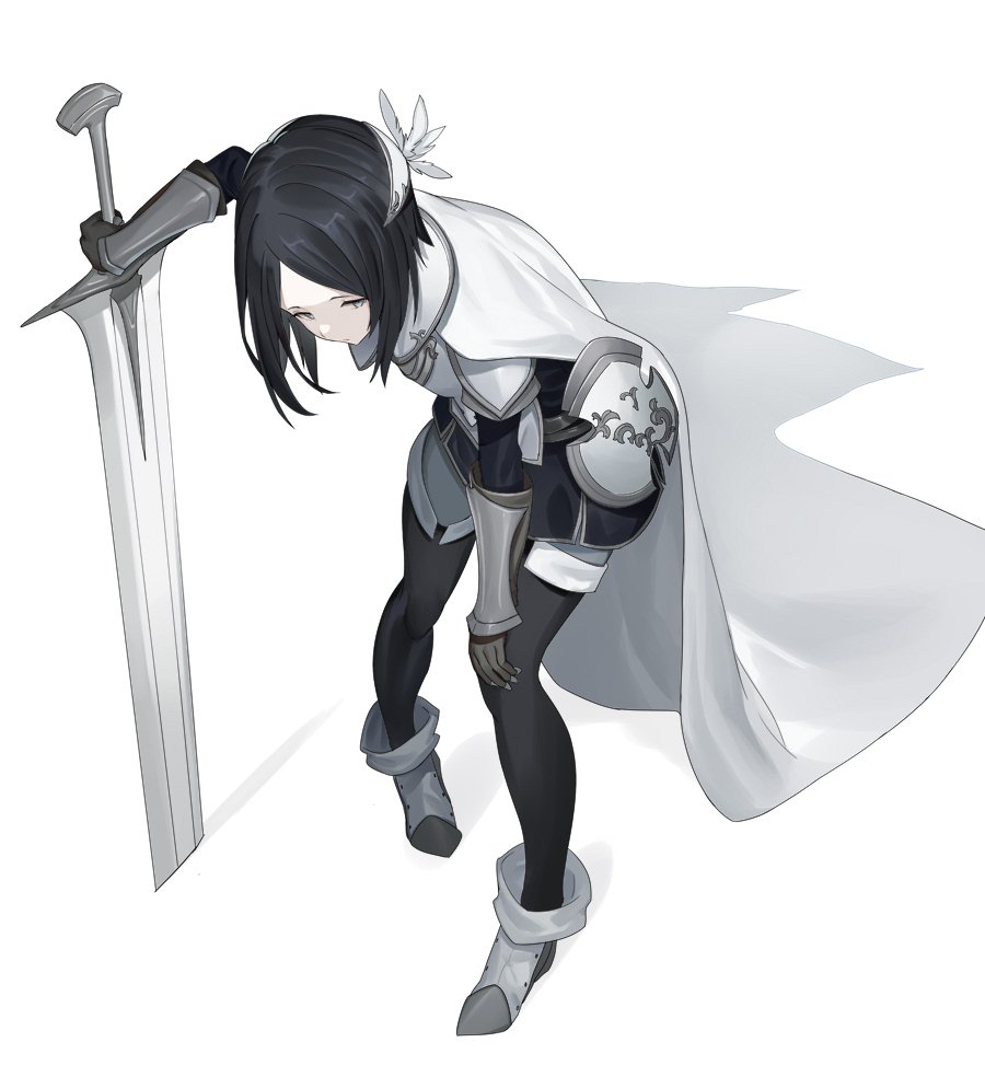 1girl, armor, black_hair, black_legwear, boots, bracer, brown_gloves, cape
