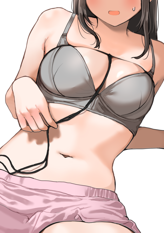 1girl, arm_support, blush, bra, breasts, brown_hair, cleavage, head_out_of_frame