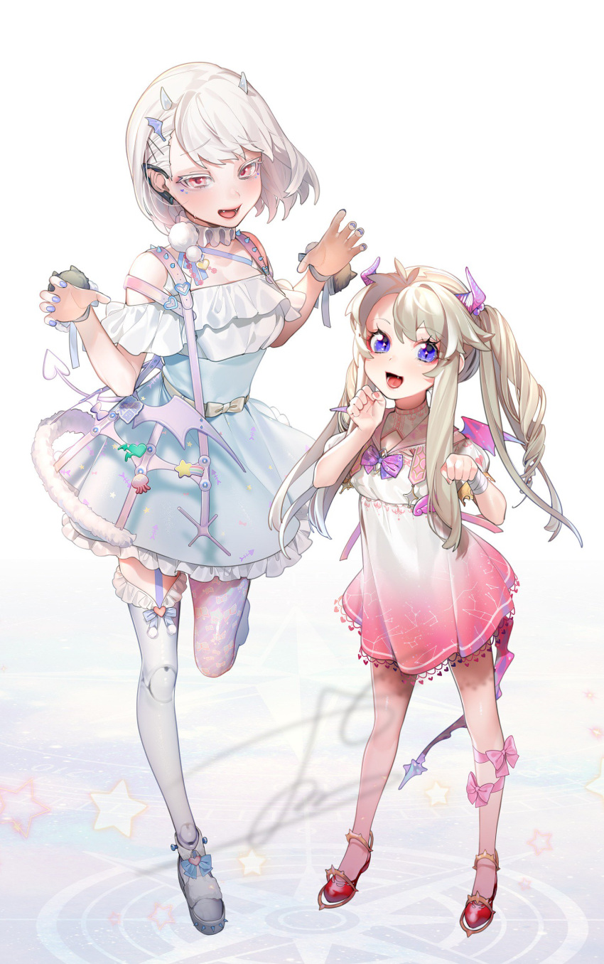 2girls, :d, absurdres, blue_dress, blue_eyes, blue_nails, blush, breasts