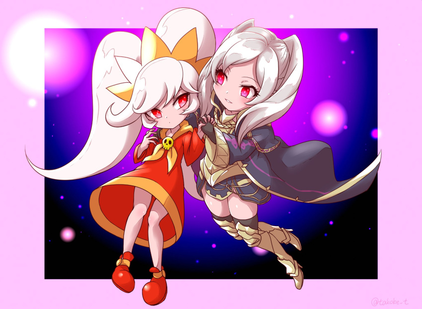 2girls, ashley_(warioware), bangs, big_hair, cape, dark_persona, dress, evil_smile