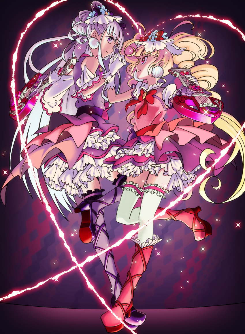 2girls, absurdres, aisaki_emiru, blonde_hair, boots, bow, bowtie, cross-laced_footwear