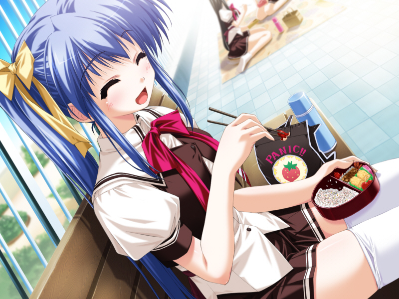 blue_hair, closed_eyes, eating, game_cg, kamipani!, kujou_amane, long_hair, lunch