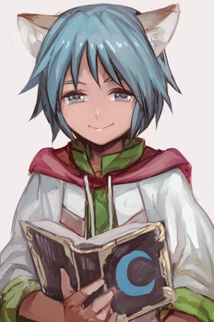 1boy, animal_ears, blue_eyes, blue_hair, book, cat_ears, crescent, grey_background