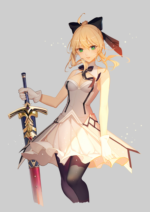 1girl, ahge, bare_shoulders, black_bow, blonde_hair, bow, cntrapposto, fate/grand_order