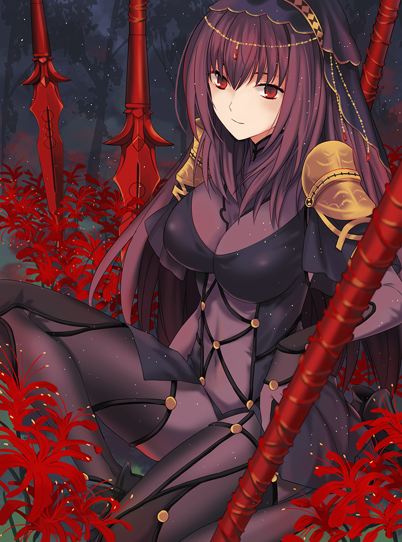 1girl, bodysuit, breasts, covered_navel, fate/grand_order, fate_(series), flower, gae_bolg