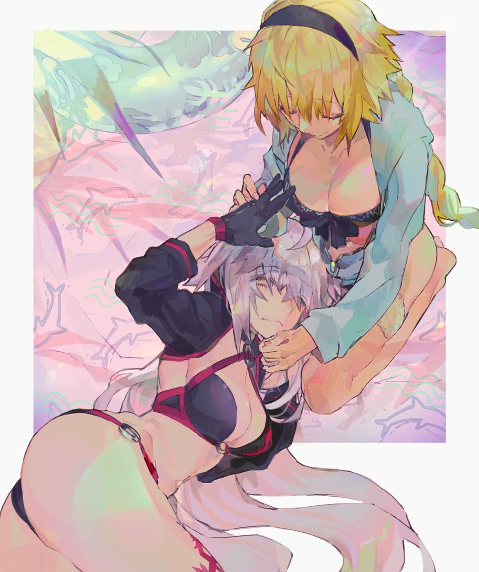 2girls, ahoge, bangs, bikini, black_bikini, black_jacket, blonde_hair, blue_eyes