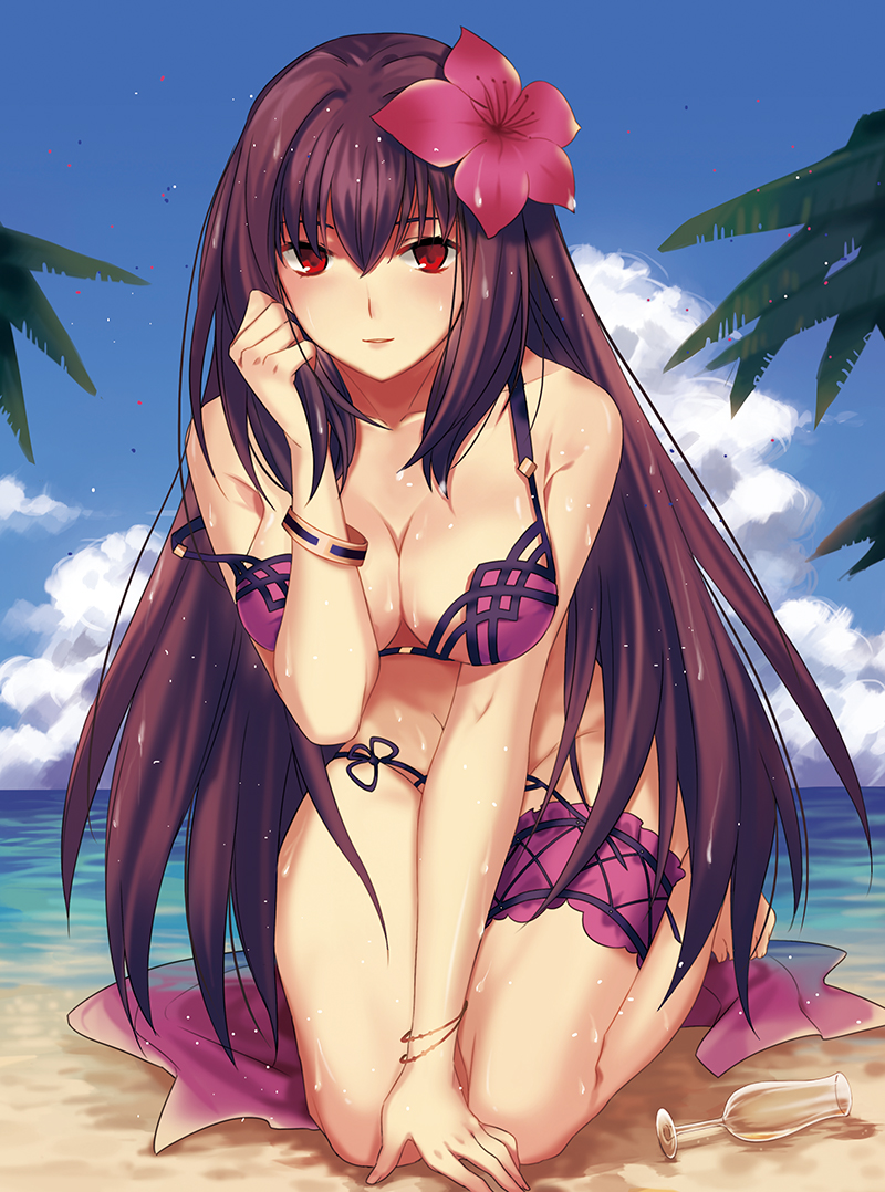 1girl, beach, bikini, blue_sky, blush, bracelet, breasts, cleavage