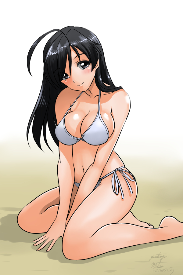 1girl, ahoge, bangs, barefoot, bikini, black_eyes, black_hair, dated