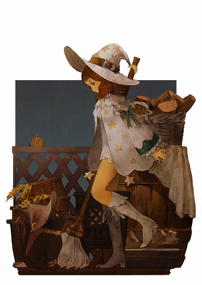 1girl, baiguiyu, bird, black_hat, boots, broom, brown_hair, chick