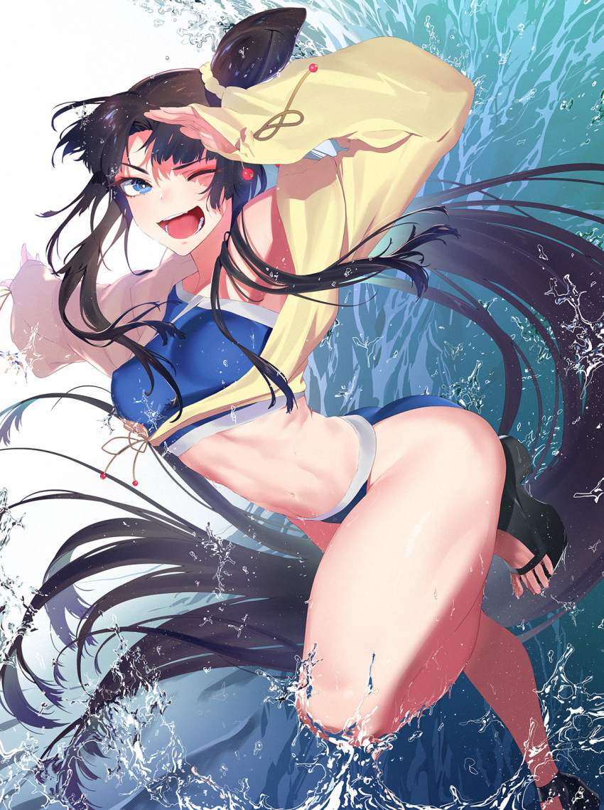 1girl, bikini, black_hair, blue_eyes, commentary_request, eyeshadow, fangs, fate/grand_order