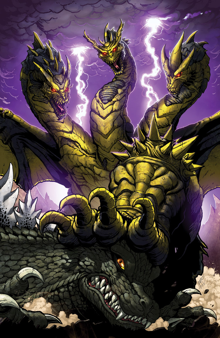 battle, claws, clouds, dragon, fangs, glowing, glowing_eyes, godzilla