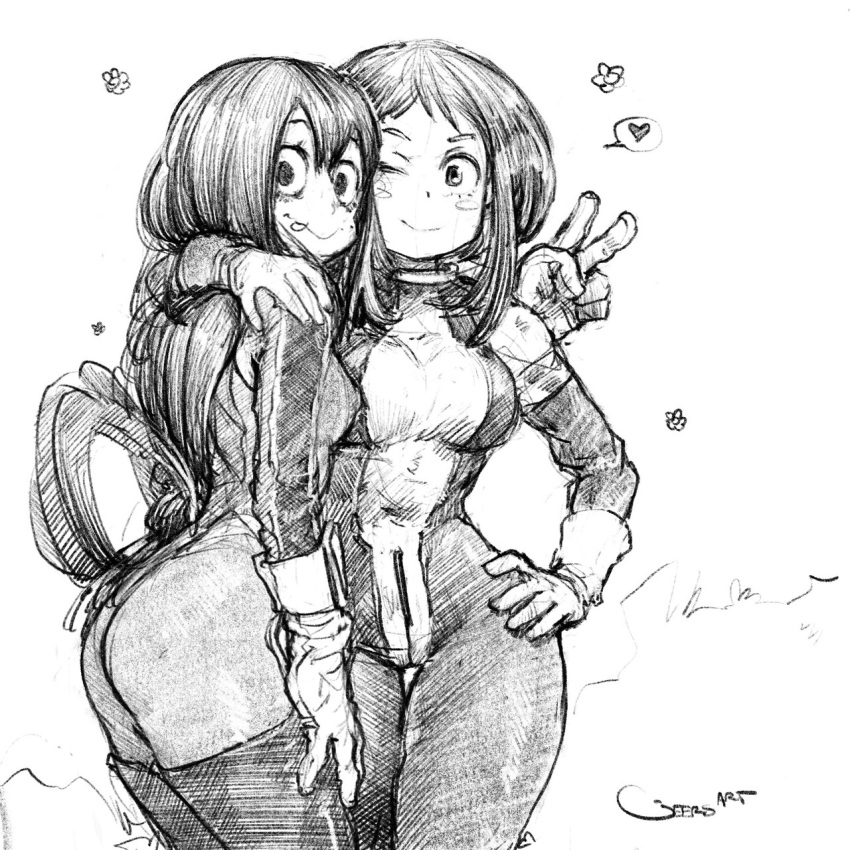 2girls, :p, ;), arm_around_shoulder, asui_tsuyu, bodysuit, boku_no_hero_academia, boots