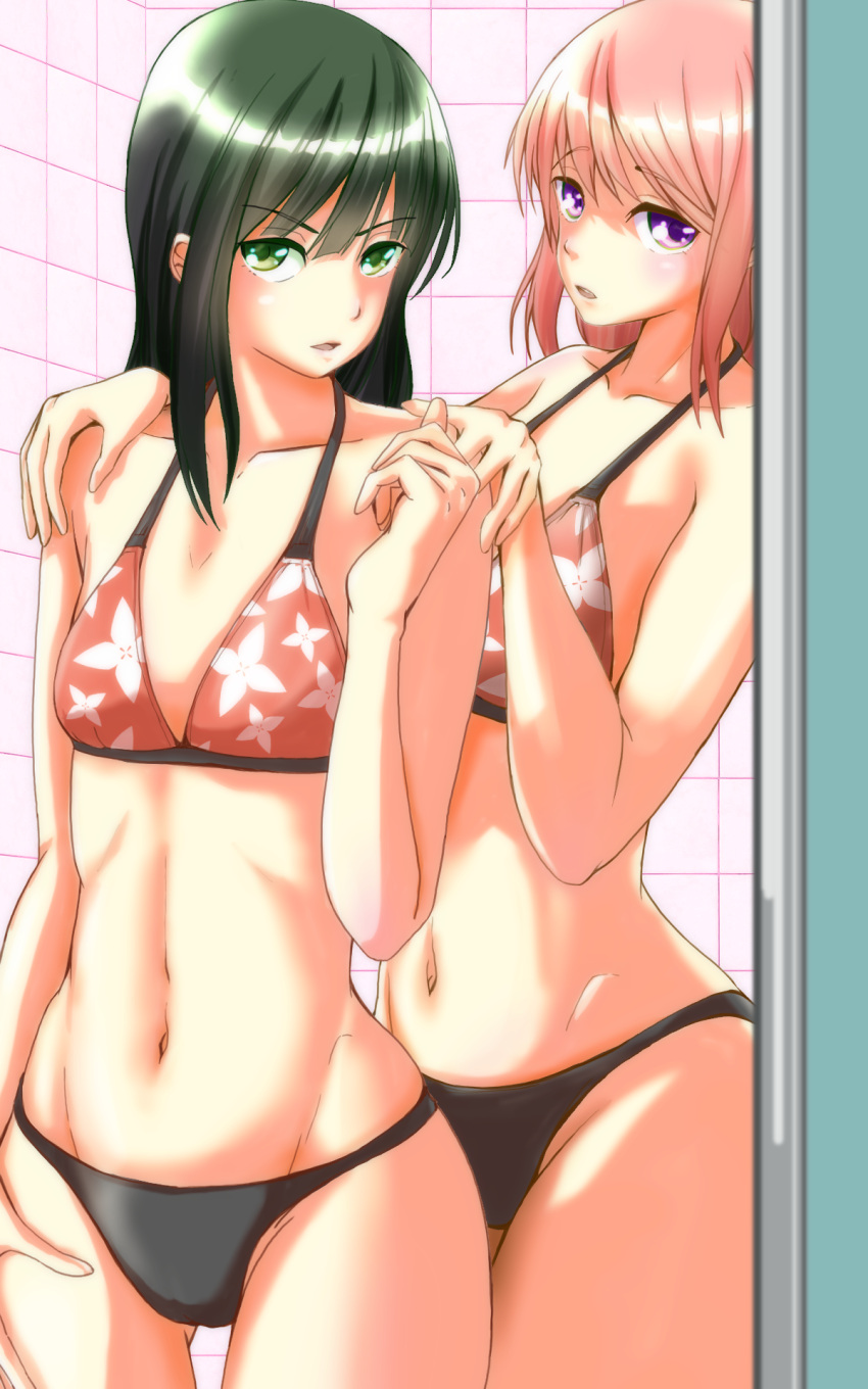 2girls, ass_visible_through_thighs, bikini, commentary, eyebrows_visible_through_hair, female, flat_chest, floral_print
