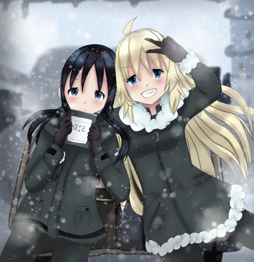 2girls, absurdres, ahoge, black_gloves, black_hair, blonde_hair, blue_eyes, blush