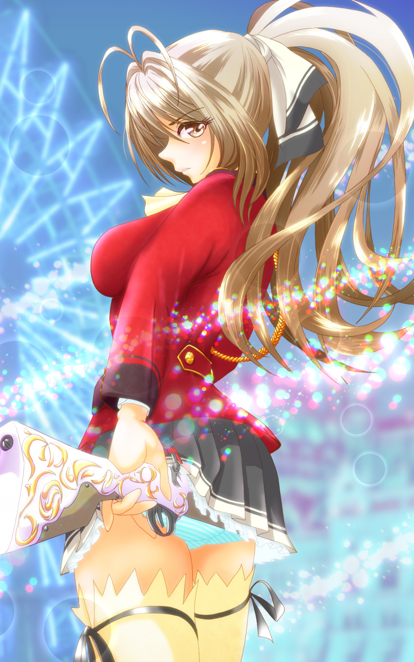 1girl, amagi_brilliant_park, antenna_hair, blonde_hair, breasts, brown_eyes, brown_hair, eyebrows_visible_through_hair, from_below, fujish, gun, highres, large_breasts, long_hair, looking_at_viewer, musket, panties, pantyshot, ponytail, ribbon-trimmed_thighhighs, sento_isuzu, skirt, solo, striped, striped_panties, thigh-highs, thighs, underwear, weapon