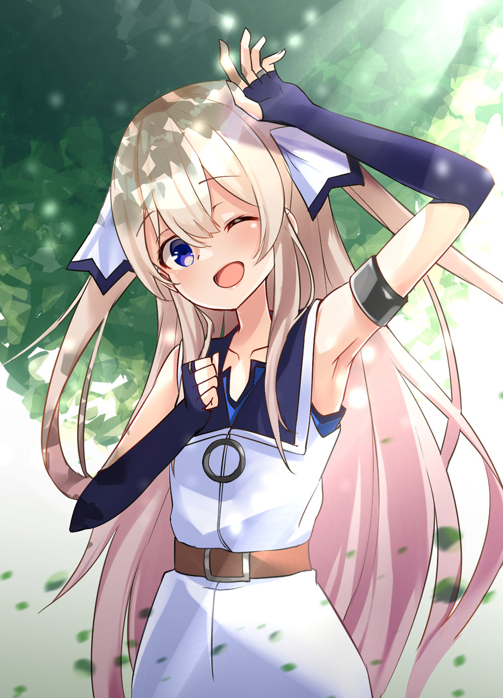 1girl, belt, blue_eyes, blush, bow, day, dress, eyebrows_visible_through_hair