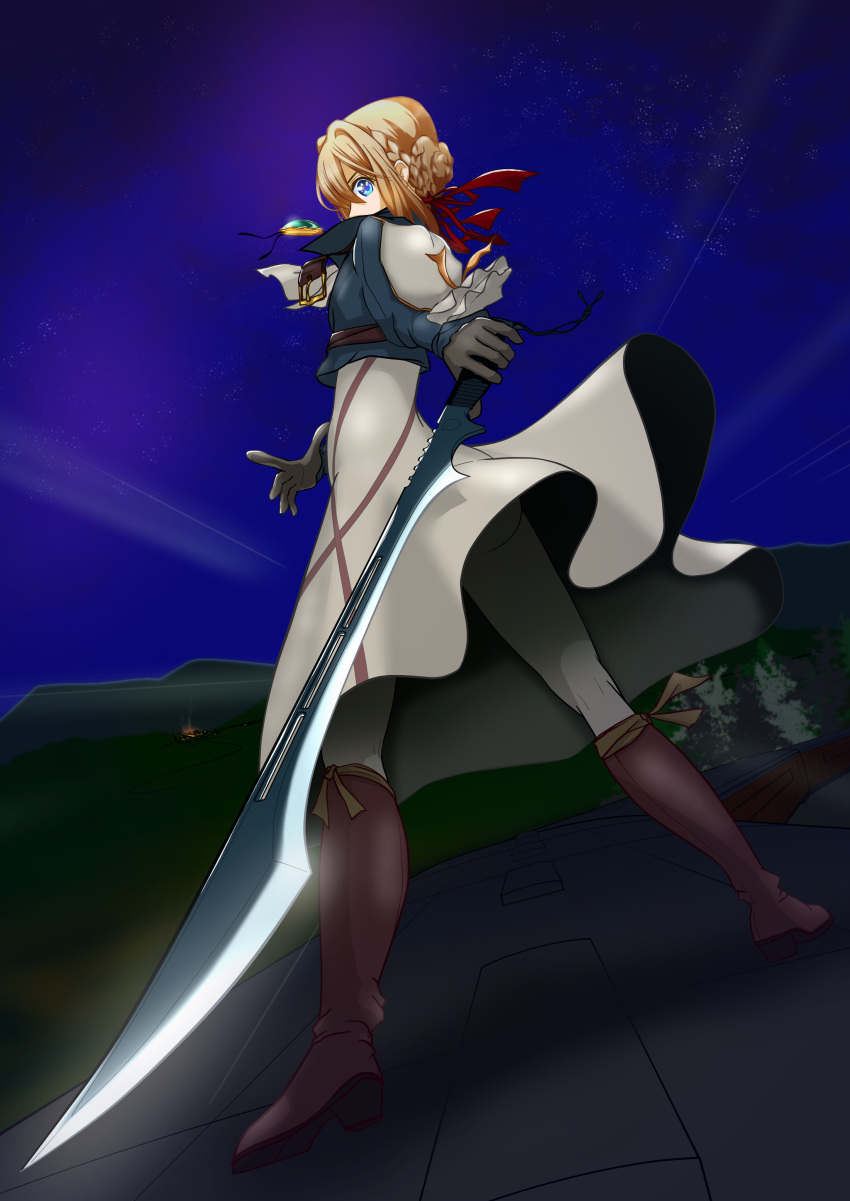1girl, absurdres, blonde_hair, blue_eyes, boots, braid, brooch, dutch_angle, explosion, fire, french_braid, from_below, fujish, gloves, hair_between_eyes, high_heel_boots, high_heels, highres, jewelry, knee_boots, long_skirt, looking_at_viewer, night, red_ribbon, ribbon, skirt, solo, sword, violet_evergarden, violet_evergarden_(character), weapon