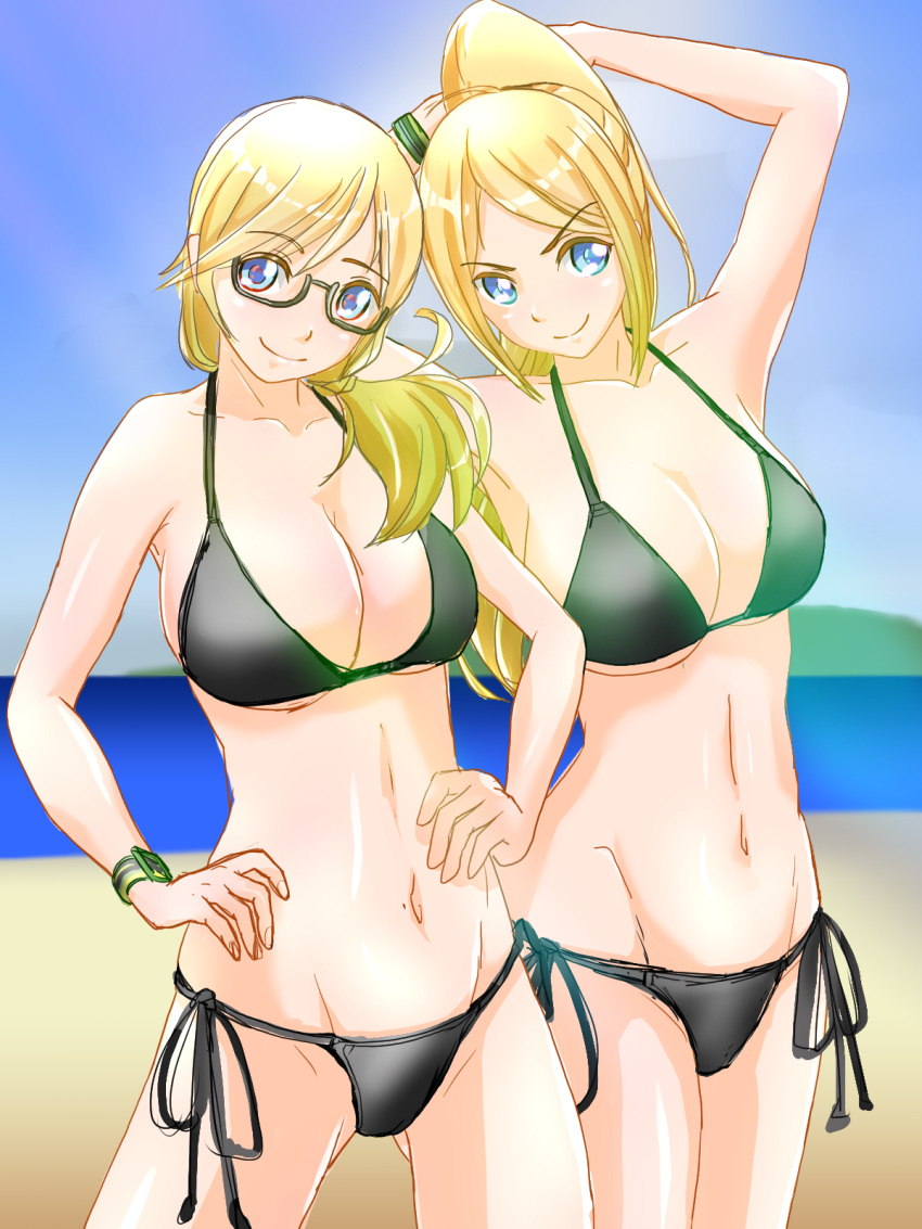 >:), 2girls, arms_behind_head, ass_visible_through_thighs, bikini, black_bikini, blue_eyes, blue_sky, breasts, claire_thomas, cleavage, contrapposto, emily_thomas, eyebrows_visible_through_hair, fujish, glasses, groin, groin_tendon, hands_on_hips, harukana_receive, highres, large_breasts, multiple_girls, navel, ocean, ponytail, sand, semi-rimless_eyewear, sketch, sky, smile, swimsuit, under-rim_eyewear