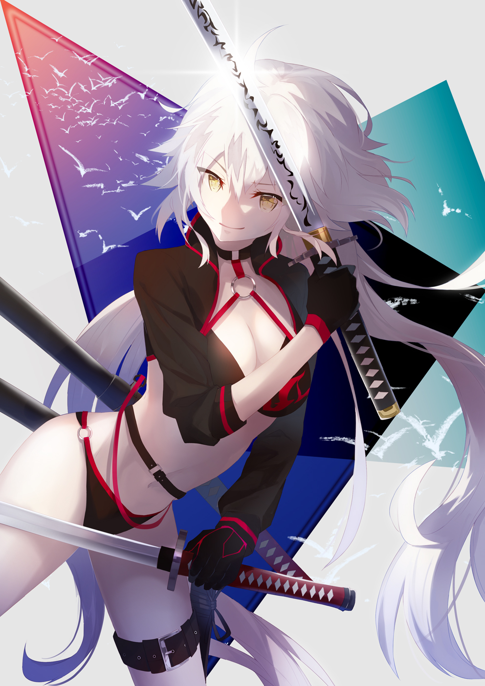 1girl, ahoge, bikini, black_bikini, black_jacket, breasts, choker, cleavage