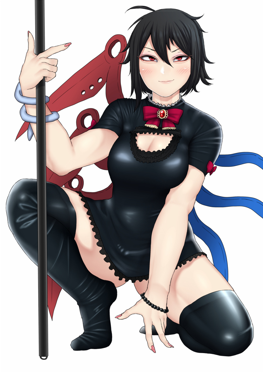 1girl, arm_support, asymmetrical_wings, black_hair, blush, bracelet, breasts, cleavage