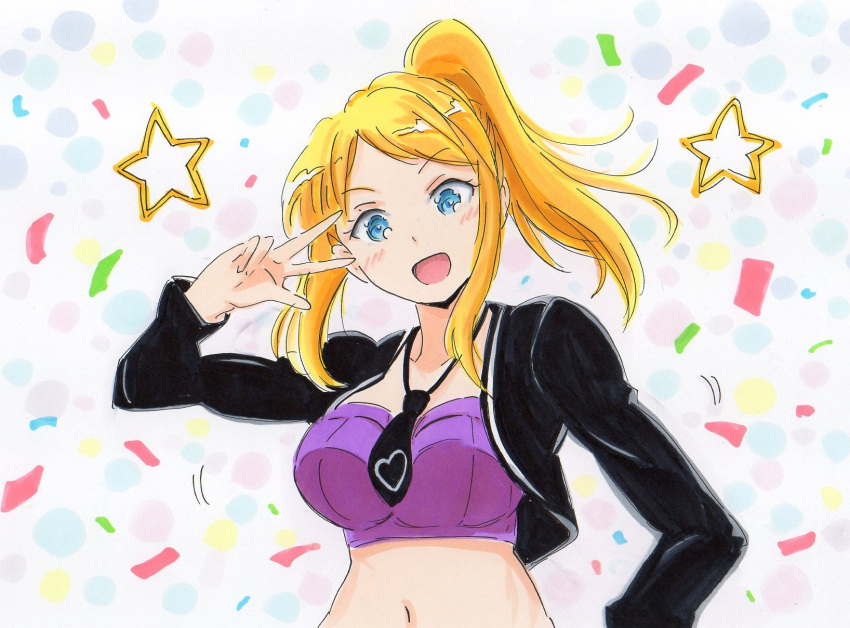 bikini, blonde_hair, blue_eyes, blush, breasts, claire_thomas, confetti, cowboy_shot