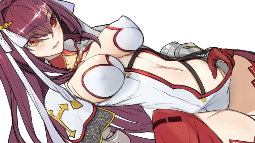 1girl, bangs, breasts, brown_eyes, center_opening, chainmail, cleavage, clothes_pull, commentary_request, cosplay, covered_nipples, eyebrows_visible_through_hair, eyes_visible_through_hair, fate/grand_order, fate_(series), gauntlets, gloves, groin, hair_intakes, hair_ribbon, large_breasts, long_hair, looking_at_viewer, navel, no_panties, pupps, purple_hair, red_gloves, ribbon, saint_martha, saint_martha_(cosplay), scathach_(fate)_(all), scathach_(fate/grand_order), simple_background, solo, straight_hair, thigh-highs, thighs, turtleneck, white_background