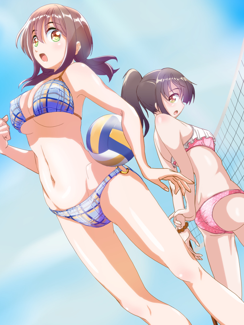 arms_behind_back, ass, beach_volleyball, bikini, breasts, brown_eyes, brown_hair, cleavage