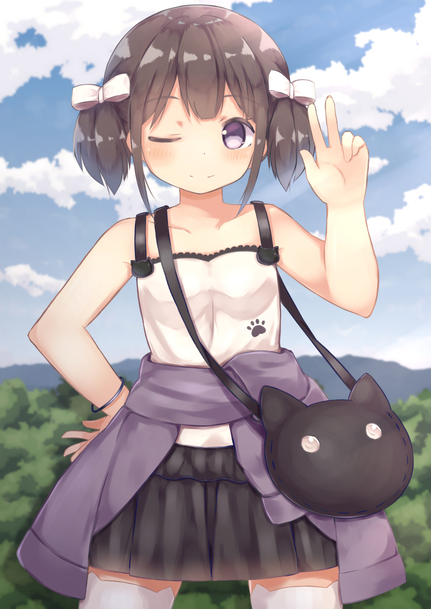 1girl, ;), absurdres, animal_band_legwear, bag, bangle, bangs, bare_arms