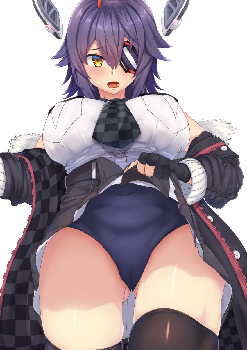 1girl, black_gloves, black_jacket, blue_swimsuit, blush, breast_pocket, breasts, checkered