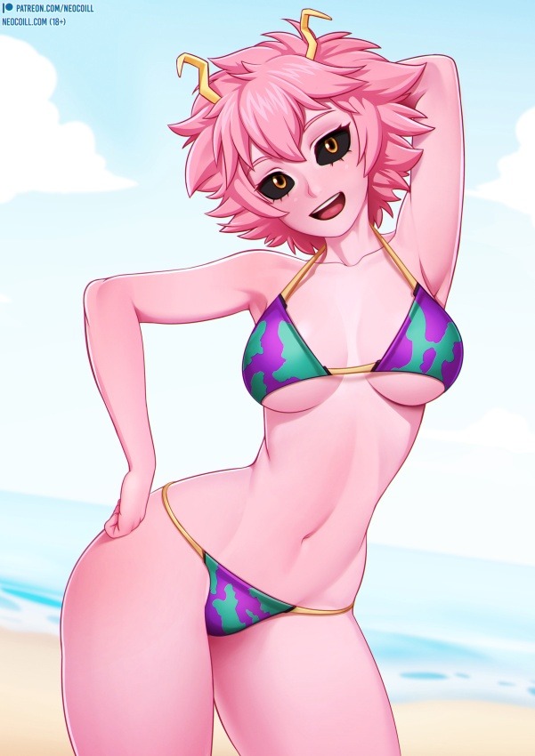 1girl, :d, arm_behind_head, arm_up, armpits, ashido_mina, bare_arms, bare_shoulders