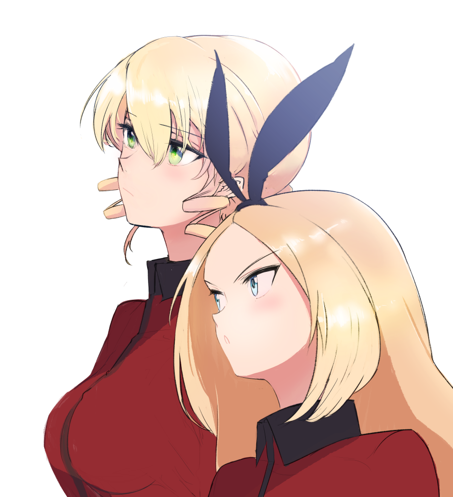 2girls, bangs, black_ribbon, blonde_hair, blue_eyes, closed_mouth, commentary, drill_hair