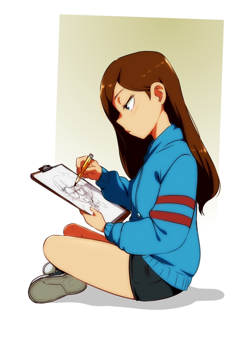 1girl, blue_eyes, brown_hair, clipboard, commission, drawing, from_side, highres