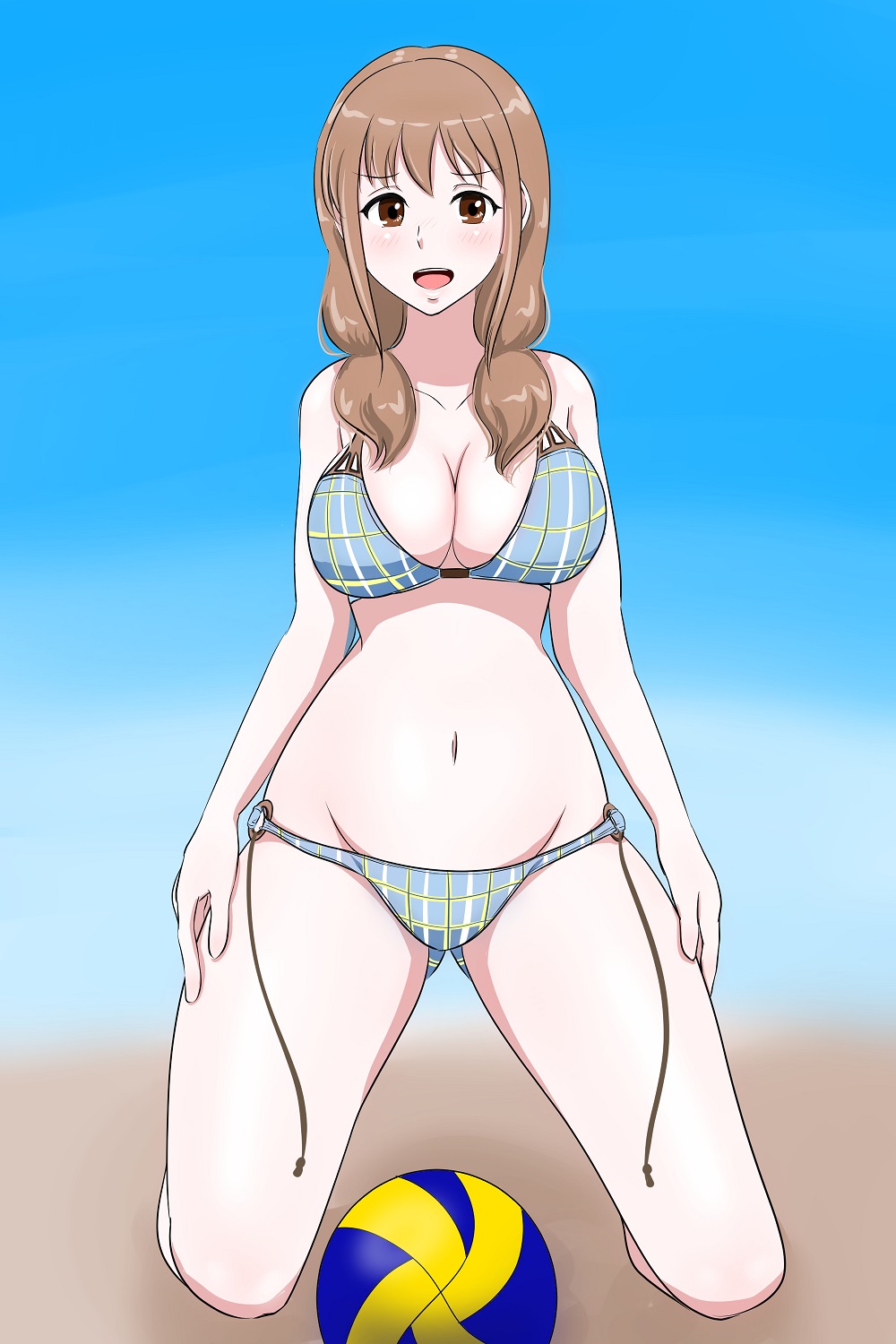 1girl, bare_shoulders, beach_volleyball, bikini, blurry, blurry_background, blush, breasts