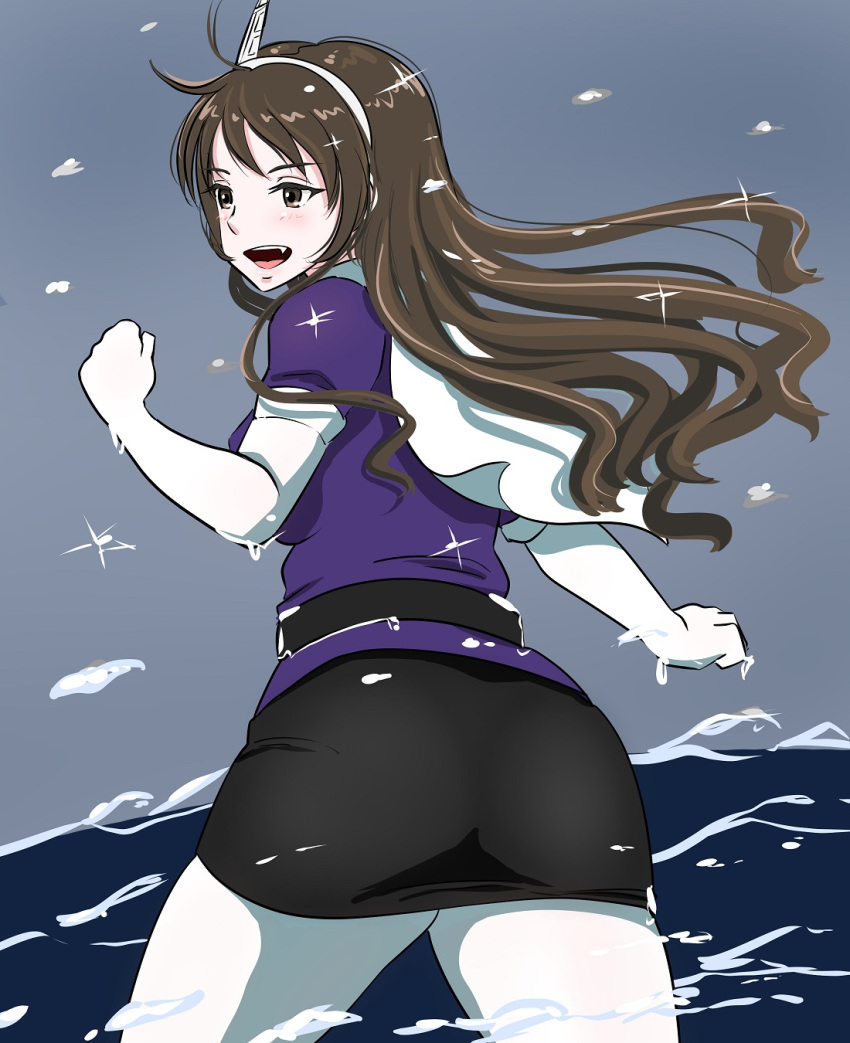 ashigara_(kantai_collection), ass, blush, brown_eyes, brown_hair, capelet, elbow_gloves, fang