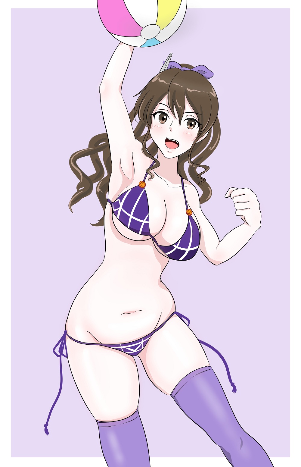 1girl, armpits, ashigara_(kantai_collection), ball, bare_shoulders, beachball, bikini, border
