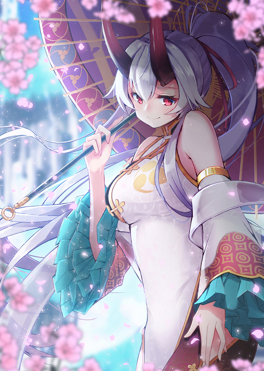 1girl, blush, breasts, cherry_blossoms, china_dress, chinese_clothes, detached_sleeves, dress