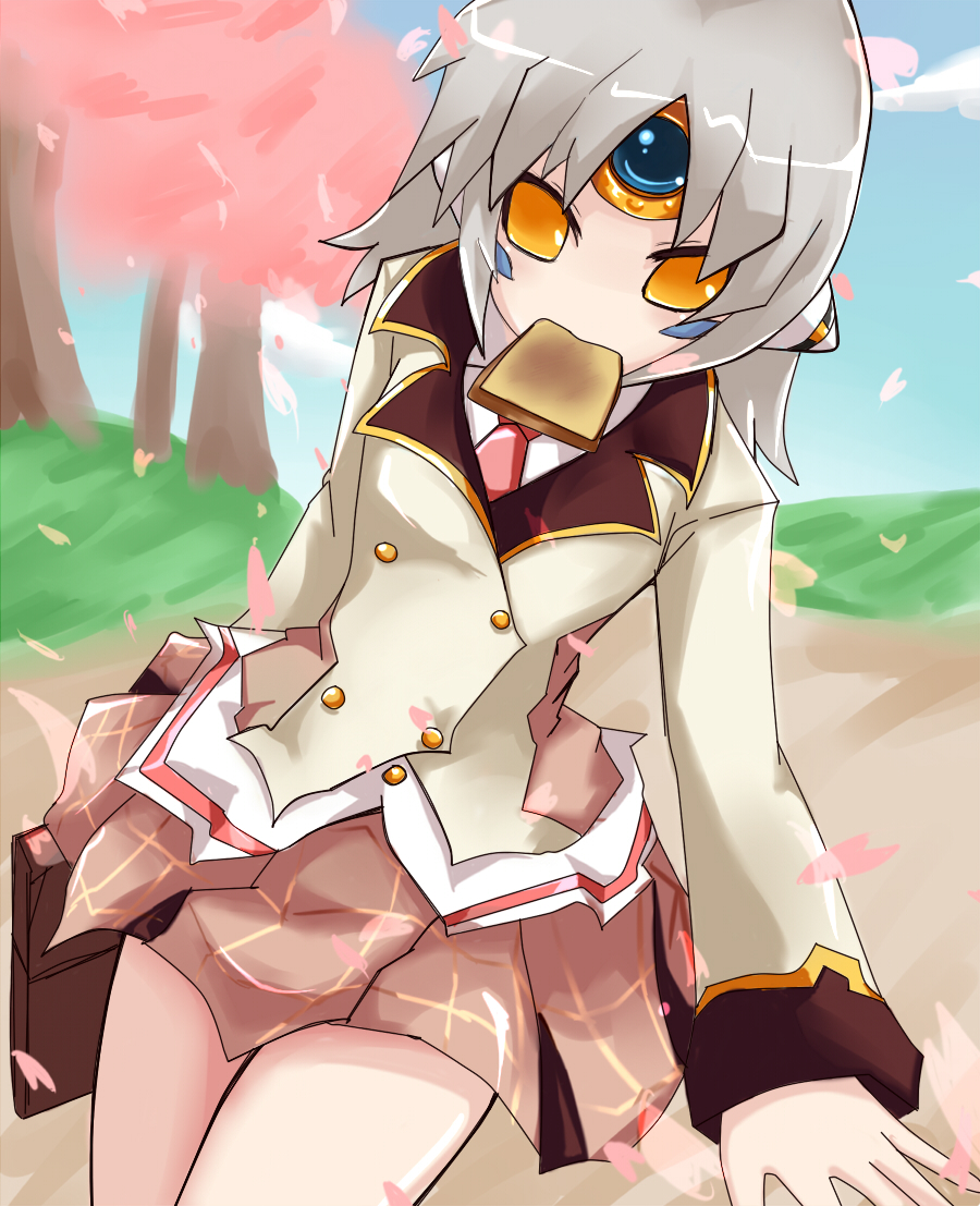 1girl, cherry_blossoms, elsword, eve_(elsword), facial_mark, food, food_in_mouth, forehead_jewel