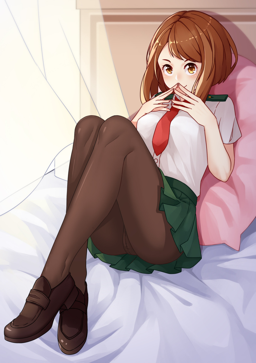 1girl, absurdres, ang_(6107939), bangs, blush, boku_no_hero_academia, breasts, brown_eyes, brown_hair, crossed_ankles, green_skirt, highres, loafers, lying, medium_breasts, necktie, on_bed, panties, panties_under_pantyhose, pantyhose, pantyshot, pantyshot_(lying), red_neckwear, school_uniform, shoes, skirt, smile, solo, steepled_fingers, swept_bangs, underwear, uraraka_ochako