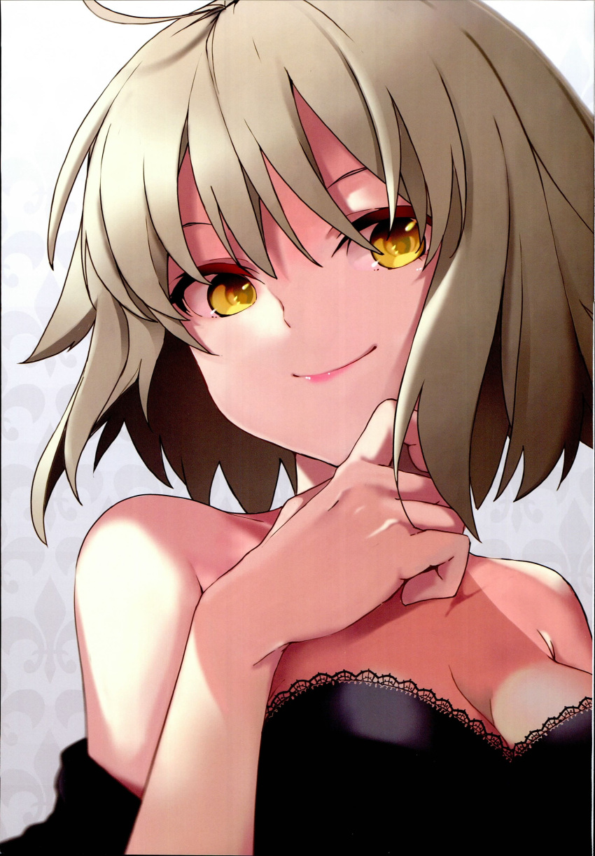1girl, absurdres, ahoge, bangs, bare_shoulders, black_dress, breasts, cleavage