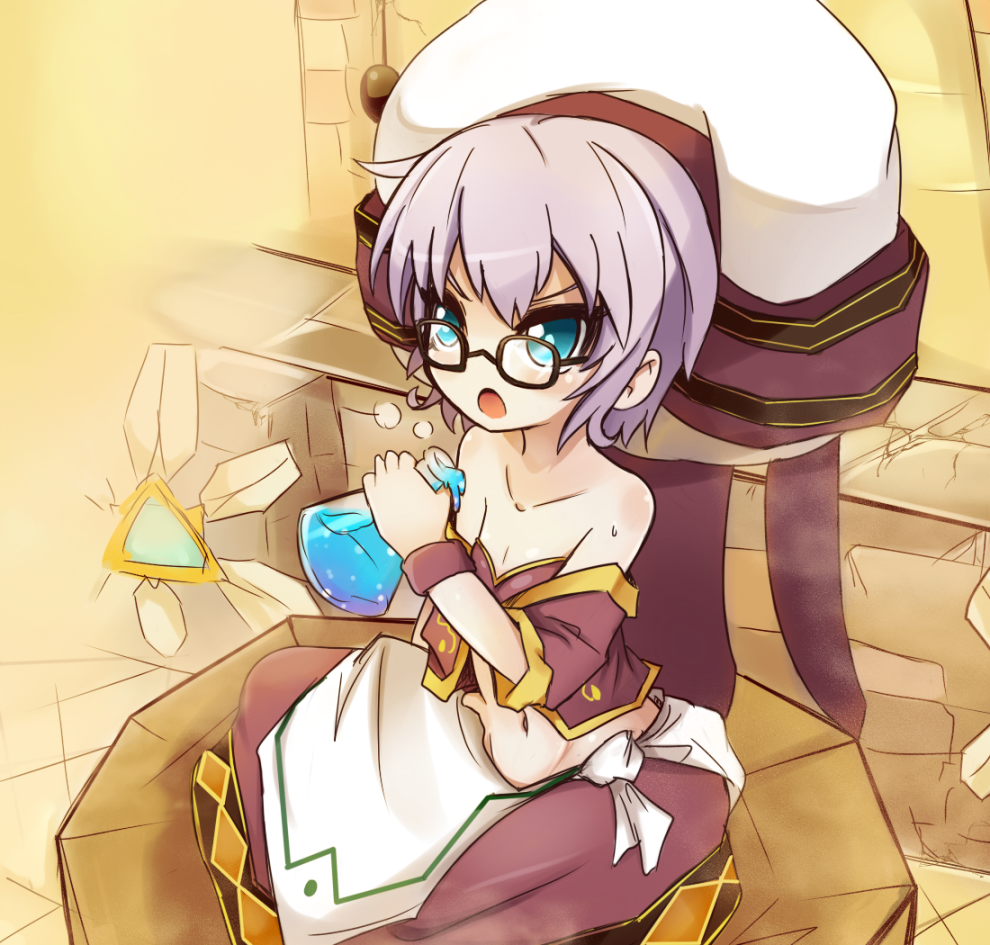 1girl, alchemist, bare_shoulders, big_hat, blue_eyes, breasts, cleavage, collarbone