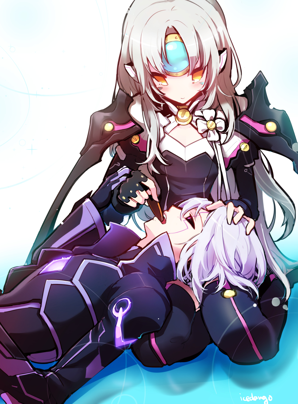 add_(elsword), code:_nemesis_(elsword), diabolic_esper_(elsword), elsword, eve_(elsword), facial_mark, feeding, forehead_jewel