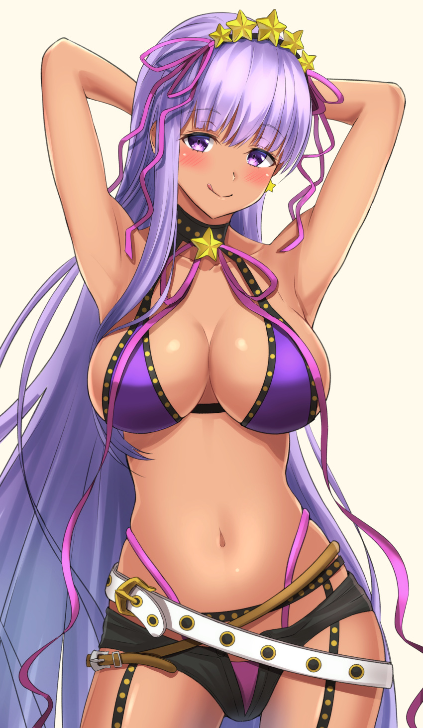 1girl, :q, absurdres, armpits, arms_behind_head, arms_up, bangs, bb_(fate/extra_ccc)