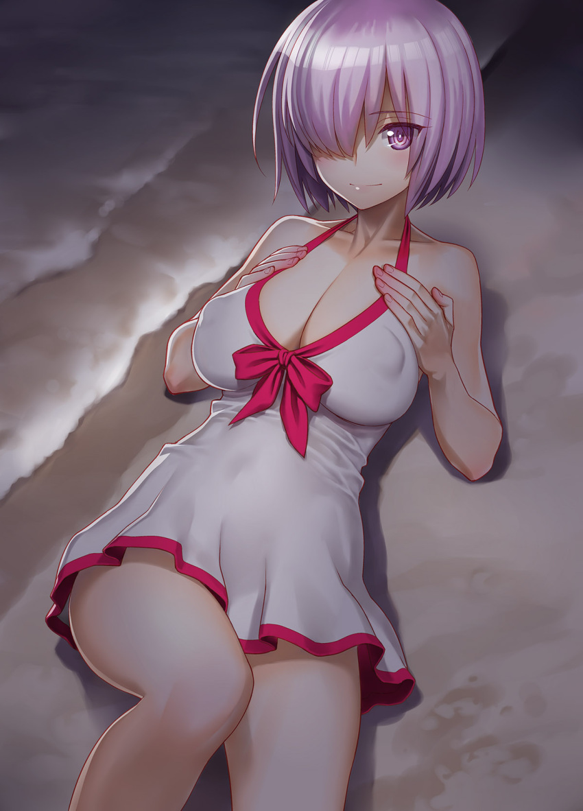 1girl, beach, blush, bow, covered_navel, covered_nipples, dress_swimsuit, fate/grand_order