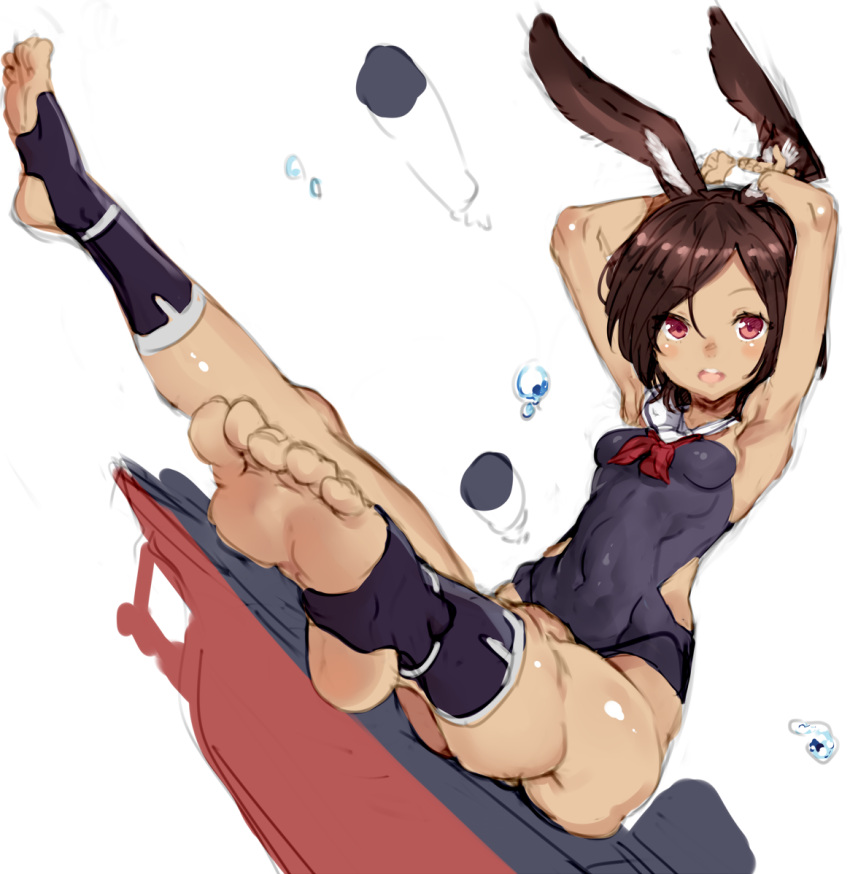 1girl, animal_ears, armpits, arms_up, azur_lane, bangs, barefoot, black_hair, blue_legwear, blue_swimsuit, blush, bracelet, breasts, bubble, covered_navel, detached_collar, dutch_angle, feet, foreshortening, from_side, highleg, highleg_swimsuit, hips, i-26_(azur_lane), jewelry, legs, looking_at_viewer, morikawa_(futomayu), neckerchief, nontraditional_school_swimsuit, one-piece_swimsuit, open_mouth, perspective, pov_feet, rabbit_ears, red_eyes, red_neckwear, sailor_collar, school_swimsuit, short_hair, simple_background, sitting, sketch, skin_tight, small_breasts, smile, soles, solo, strapless, strapless_swimsuit, submarine, submerged, swept_bangs, swimsuit, tan, toeless_legwear, toes, toned, underwater, upper_teeth, watercraft, white_background, white_sailor_collar