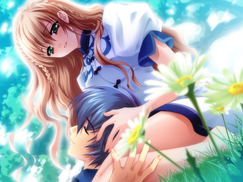 blonde_hair, blue_hair, braid, carnelian, cloud, clouds, flower, futaba_riko