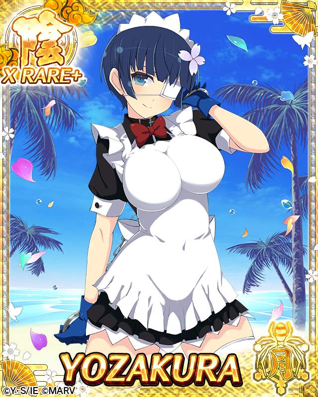 1girl, beach, blue_eyes, blue_gloves, blue_hair, bow, breasts, card_(medium), character_name, closed_mouth, collar, cosplay, cuffs, eyepatch, flower, gloves, hair_flower, hair_ornament, handcuffs, ikkitousen, large_breasts, looking_at_viewer, maid, maid_headdress, medical_eyepatch, ocean, official_art, palm_tree, ryomou_shimei, ryomou_shimei_(cosplay), senran_kagura, senran_kagura_new_wave, short_hair, smile, solo, standing, thigh-highs, trading_card, tree, water, white_legwear, yaegashi_nan, yozakura_(senran_kagura)