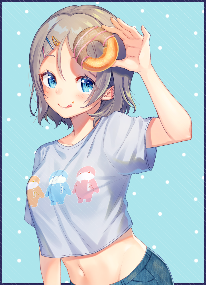 1girl, :q, blue_background, blue_border, blue_eyes, blue_shirt, blush, border