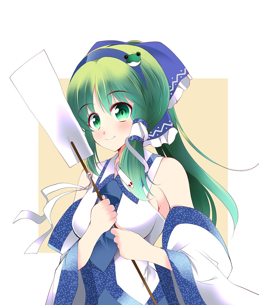 1girl, bare_shoulders, blue_bow, blue_necktie, blush, bow, breast, detached_sleeves, frog, gohei, green_eyes, green_hair, hairband, head_band, kochiya_sanae, long_hair, looking_at, miko, necktie, nontradtional_miko, ponytail, smile, snake, touhou, viewer, white_background, yutakasiumai