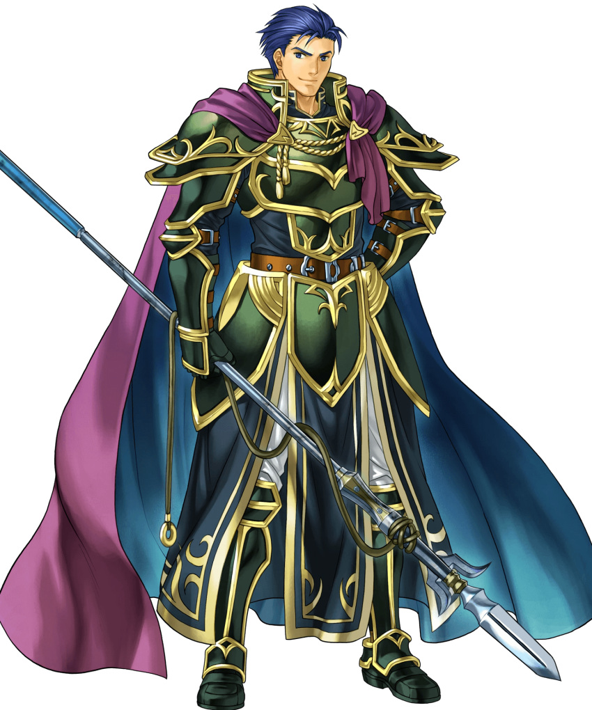 1boy, arm_belt, armor, belt, blue_eyes, blue_hair, cape, cosplay, fire_emblem, fire_emblem:_rekka_no_ken, fire_emblem_heroes, full_armor, gauntlets, greaves, green_armor, hector_(fire_emblem), highres, holding, holding_spear, holding_weapon, kita_senri, lips, loincloth, male_focus, multiple_belts, official_art, pants, polearm, purple_cape, shoulder_armor, smile, spear, undershirt, uther_(fire_emblem), uther_(fire_emblem)_(cosplay), weapon, white_pants